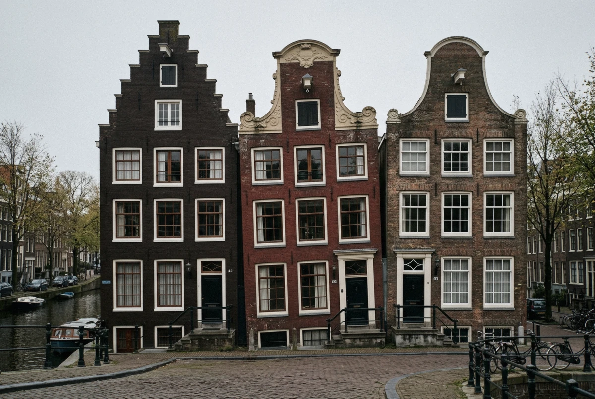 A row of Amsterdam canal house facades showing step, neck and bell gables with hoisting beams under the rooflines