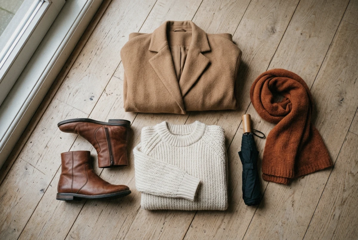 Flat lay of a camel coat, knit jumper, rust scarf and flat leather boots chosen for a photoshoot in Amsterdam