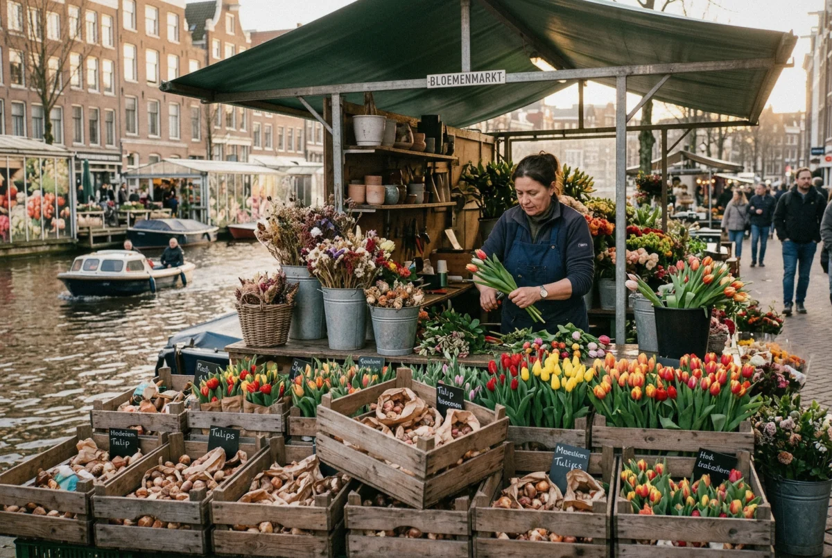 Tulips in zinc buckets at a floating Bloemenmarkt stall, a colour stop on an Amsterdam photoshoot