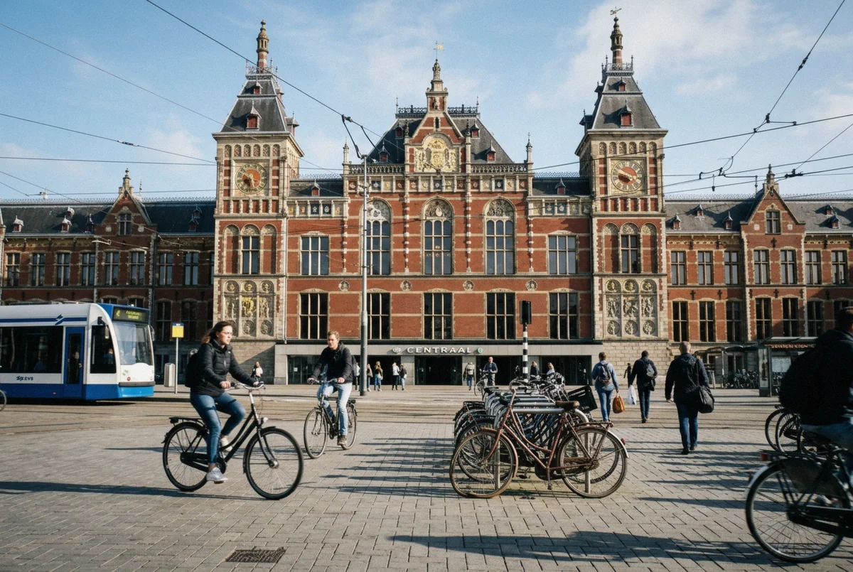 The 1889 red brick facade and clock tower of Amsterdam Centraal, backdrop for an Amsterdam photoshoot