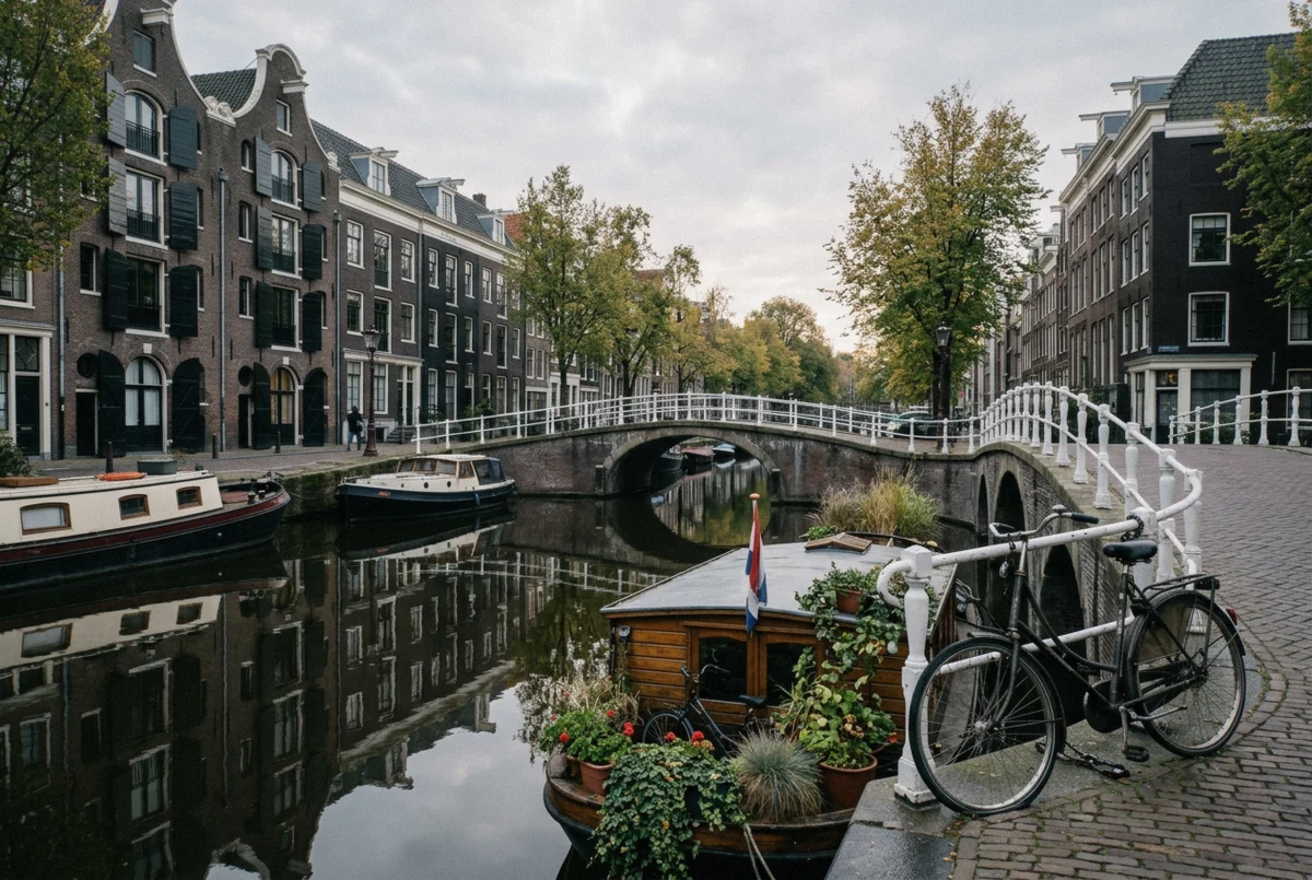 Warehouse facades and a white-railed bridge reflected in the still Brouwersgracht, the classic Amsterdam photoshoot backdrop