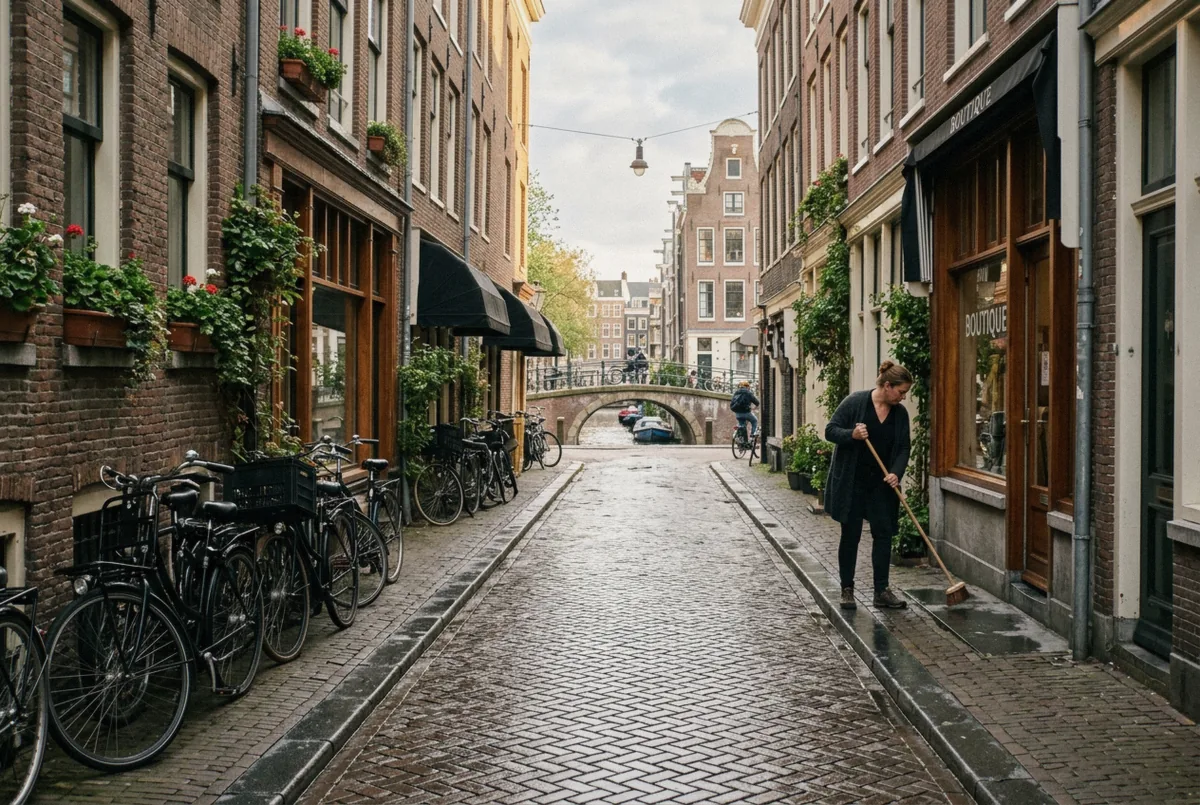 Narrow shopping lane in the Negen Straatjes leading to a canal bridge during an Amsterdam photoshoot