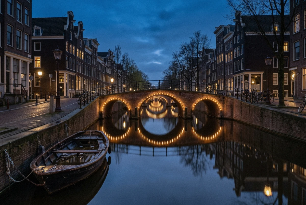 Seven lit arched bridges receding down the Reguliersgracht at blue hour, an Amsterdam photoshoot location