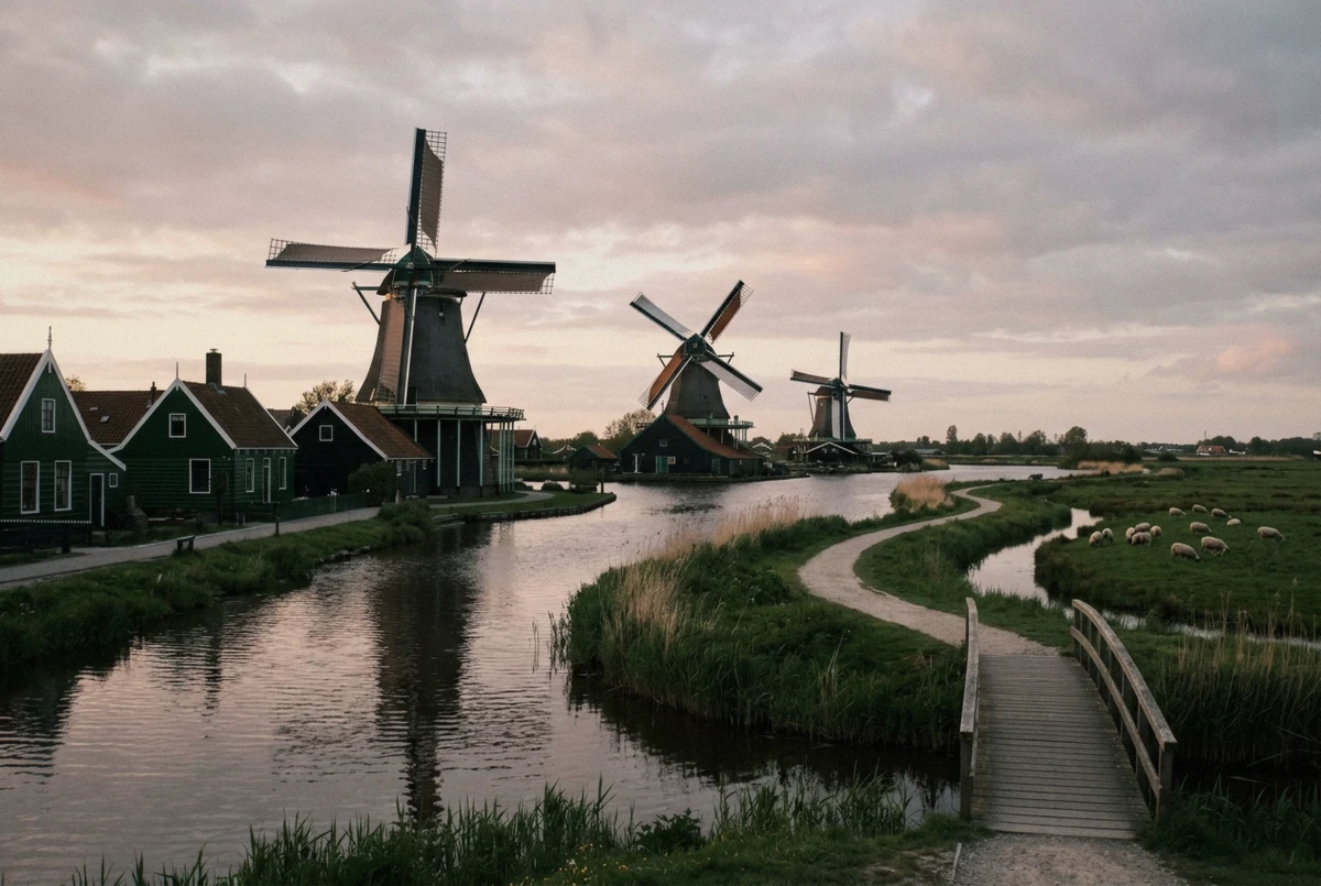 Working windmills and green timber houses of Zaanse Schans at golden hour, an Amsterdam photoshoot day trip location